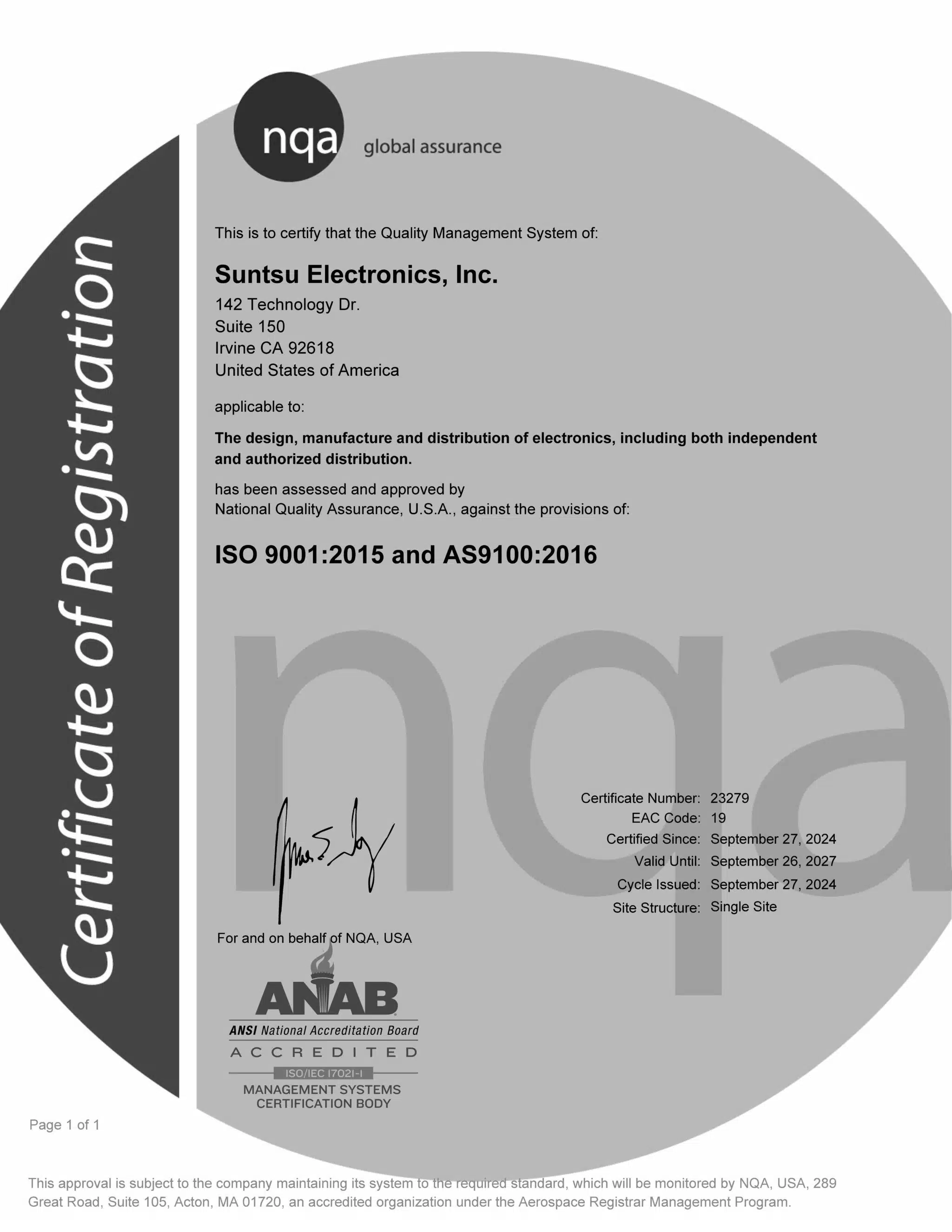 Suntsu AS9100 - ISO9001 Certificate 2024-2027