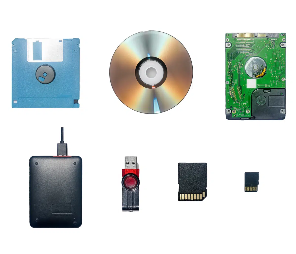 History of memory devices from floppy disk to memory cards.